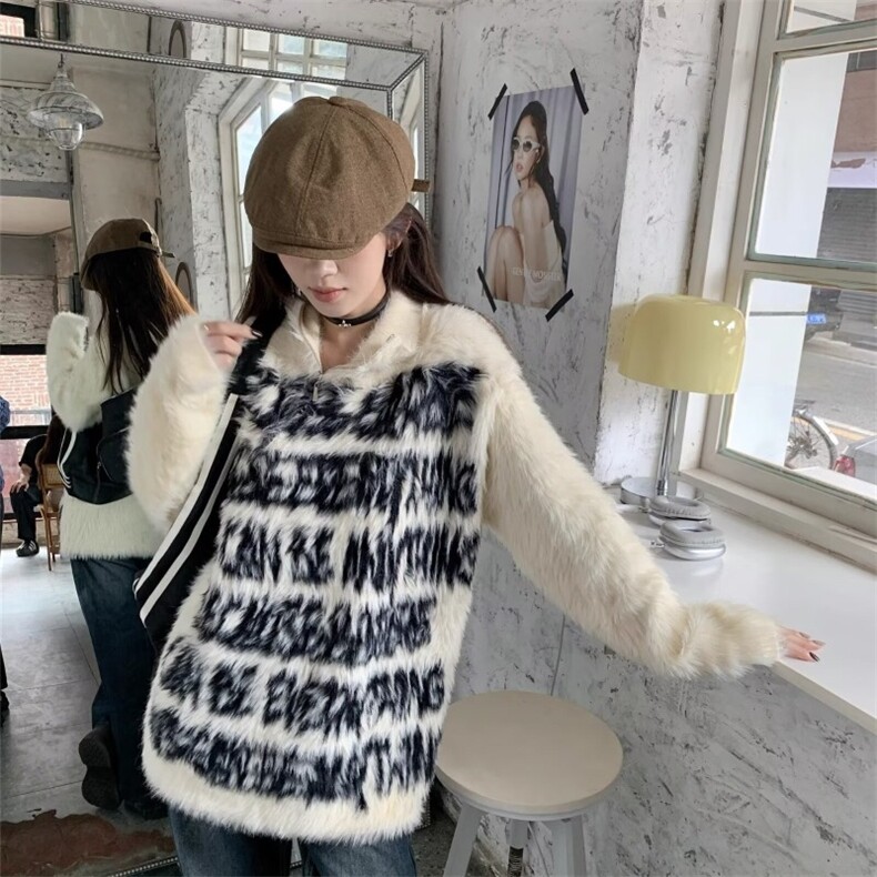 水貂毛字母长袖套头加厚毛衣女秋冬宽松针织衫慵懒气质中长款上衣,男装针织衫/毛衣,星座506A