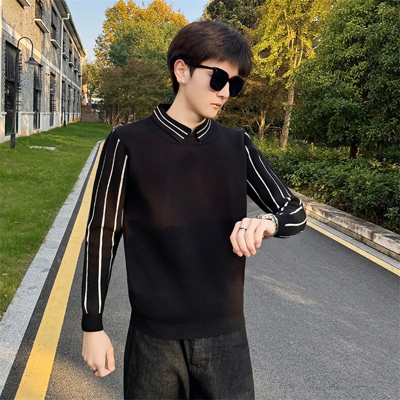 店主风小伙翻领假二件拼接针织长袖毛衣男打底衫301A-1/M60/P75，男装T恤，星座301A-1
