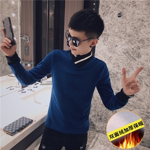 网红冬季加厚小堆领长袖T恤社会小伙潮男打底小衫C301B-CT09,关晓彤黑色搭配图片