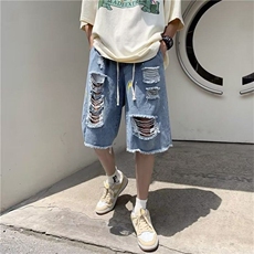 破洞泼墨牛仔短裤男夏季薄款外穿五分裤子毛边乞丐裤NDK04，男装牛仔裤，星座1116A（原606A-3）