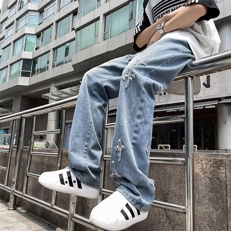 牛仔裤男潮牌十字架刺绣直筒裤微喇显瘦复古休闲长裤NQ13,男装牛仔裤,星座1116A-1（原606A）