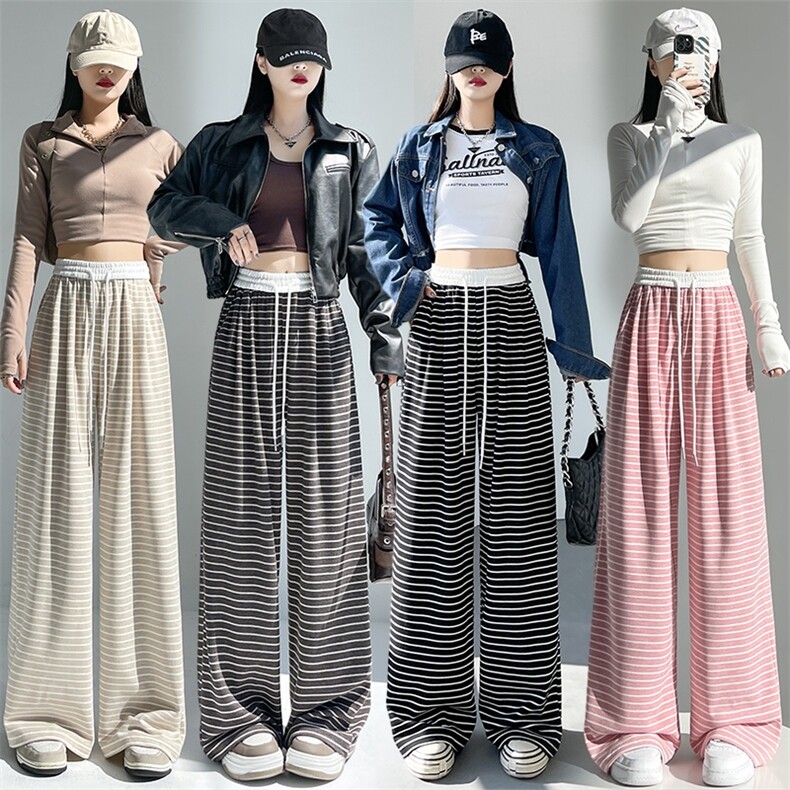 2024秋季新款撞色条纹糯米阔腿裤女宽松显瘦休闲直筒拖地裤子，女装休闲裤，梦白服饰厂