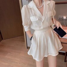 夏季新款韩版洋气西装领两排扣套装，女装西装，L·H·X