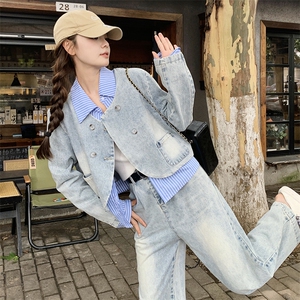 条纹拼接牛仔套装女春秋2025新款流行盐系炸街小众阔腿长款两件套图片