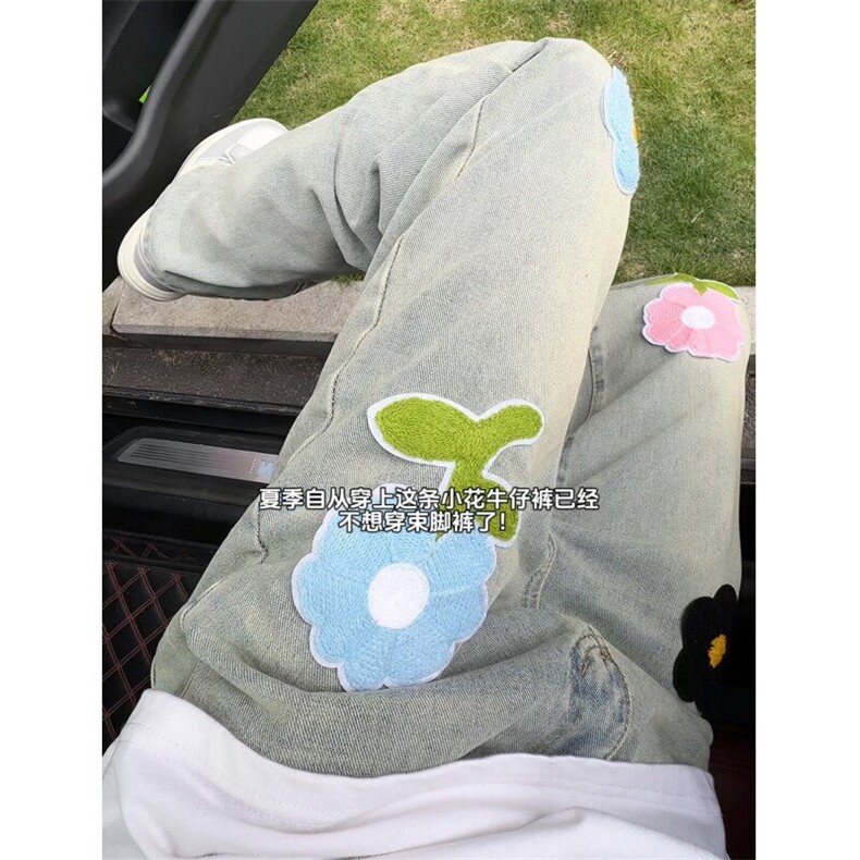 美式高街花朵刺绣微喇牛仔裤宽松直筒休闲水洗设计感长裤NKK10P55图片