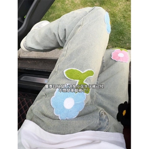 美式高街花朵刺绣微喇牛仔裤宽松直筒休闲水洗设计感长裤NKK10P55图片