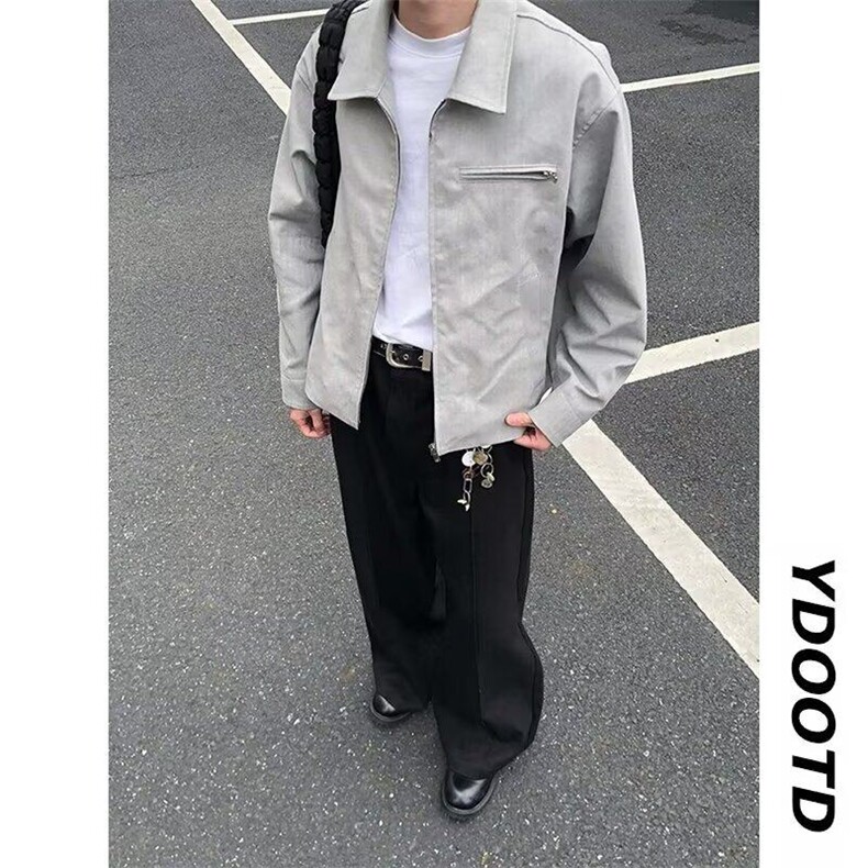 常规款宽松型长袖外穿鱼骨纹水洗做旧短款夹克潮春秋青少年翻领图片