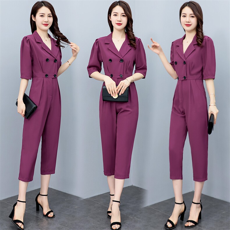 2024年夏季西装领V双排扣泡泡袖修身连体裤女连衣裤，女装连体裤，微微衣阁