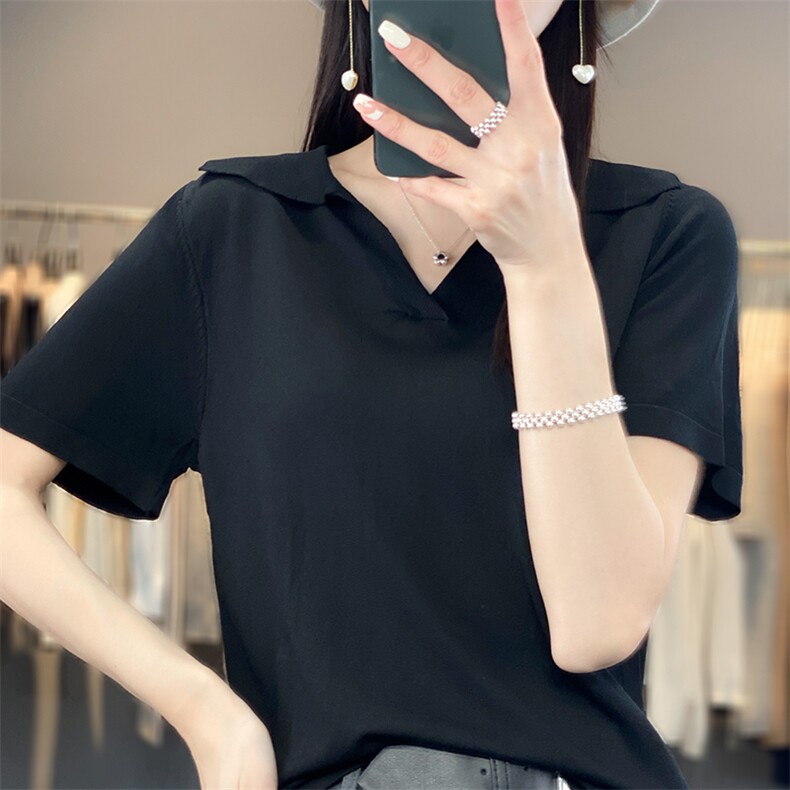 冰丝短袖T恤女2025新款气质时尚减龄针织体恤衫海军领短款薄上衣,女装T恤,思牵羊绒