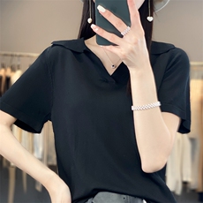 冰丝短袖T恤女2025新款气质时尚减龄针织体恤衫海军领短款薄上衣，女装T恤，思牵羊绒