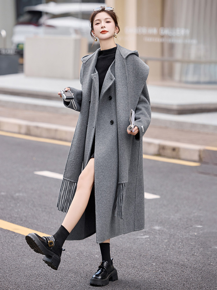 双面羊毛大衣女2025春秋气质围巾连帽小香风时尚毛呢外套两件套潮,女装双面呢大衣,琦鑫阁（原依鑫阁）