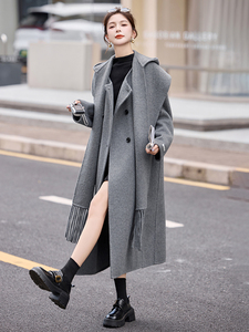 双面羊毛大衣女2025春秋气质围巾连帽小香风时尚毛呢外套两件套潮图片