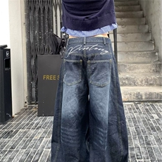 美式复古水洗弯刀牛仔裤女春秋款辣妹高街设计感宽松阔腿拖地裤子，男装牛仔裤，星座506A