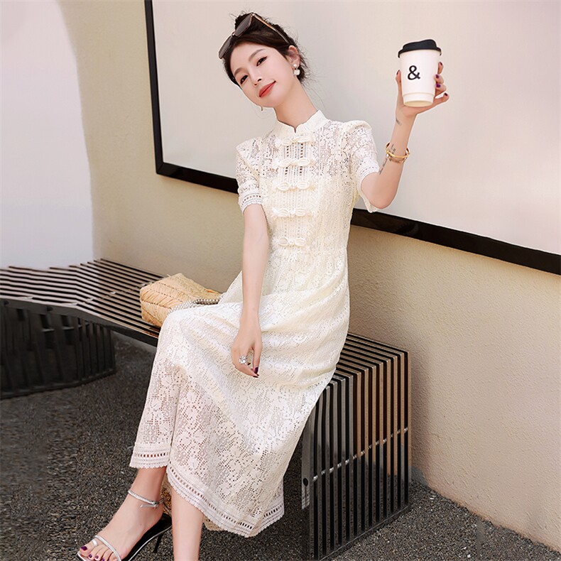 水溶蕾丝镂空连衣裙女夏季2024新款新中式复古改良旗袍长裙到脚踝,女装连衣裙,丽美静依