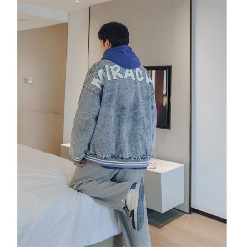 美式复古牛仔外套男秋季潮牌刺绣印花宽松潮流高街棒球服教练夹克,男装工装外套,星座1210-1
