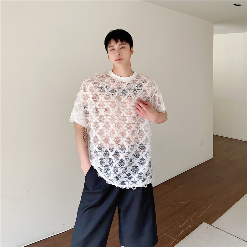 夏季男士新款圆领宽松小心机短袖镂空雕花T恤上衣潮A345-263-P60,男装T恤,电商A345