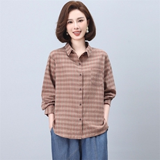 格子衬衫女2025新款春秋中老年时尚洋气短款纯棉衬衣，女装衬衫，忆绮罗