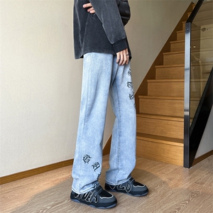 现货秋冬美式微喇叭vibe梵文牛仔裤嘻哈宽松百搭休闲裤男K606-P35,牛仔裤可以搭配大衣吗图片