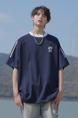已注册新款抖音直播高品质三条杠运动宽松男短袖T恤T6040P28，男装T恤，电商C408-1(原B339-1)