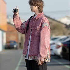 美式复古甜酷脏粉色水洗拼接牛仔外套男女古着情侣棒球服679/P75，女装职业装，星座506