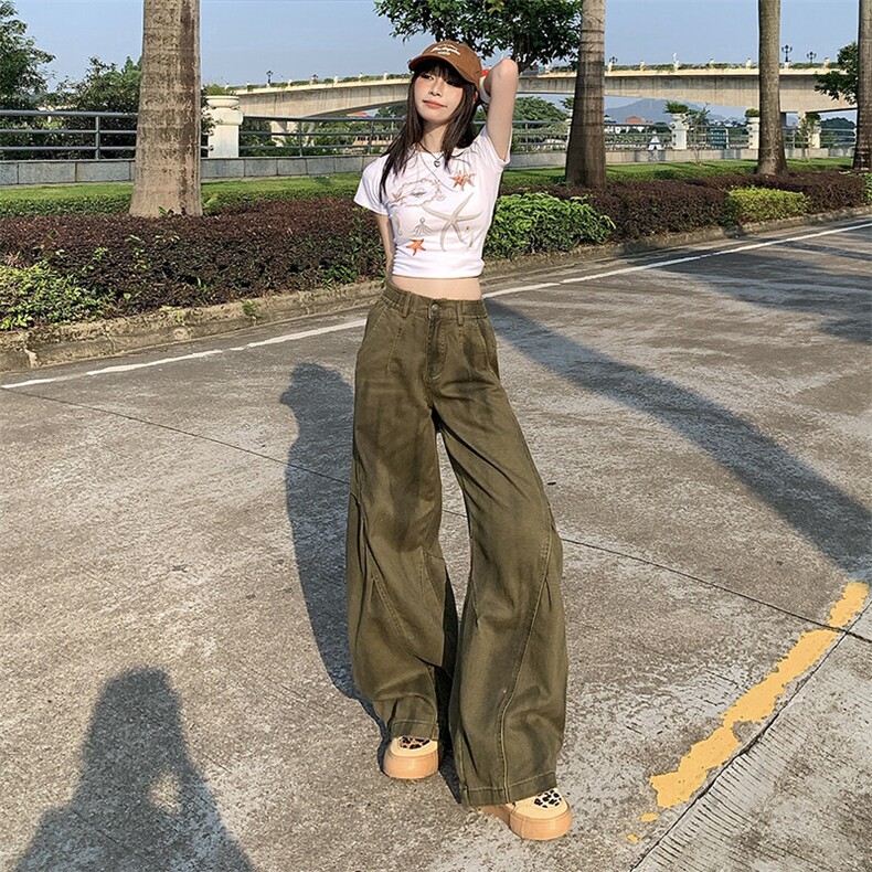 美式复古扎染褶皱弯刀工装裤男女宽松阔腿cleanfit裤YD9020-P70,男装牛仔裤,星座509