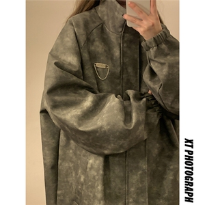 1中性风立领PU皮复古做旧面料金属装饰设计夹克男JK77758P90控128图片