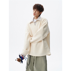 麦穗肌理感衬衫领拼条纹假两件卫衣大码上衣POLO衫外套LW618特P45，男装Polo衫，电商B215