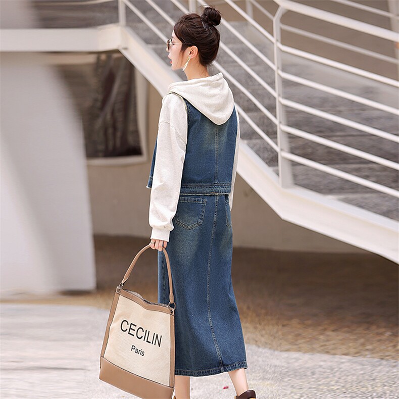 牛仔马甲套装女2025年新款春秋港风复古开叉一步裙子半身裙两件套,女装套装/套裙,意芙