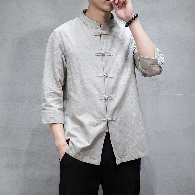 2021新款中国风男装棉麻七分袖衬衫男盘扣唐装QT6008-1/CS066/P70,男装衬衫,电商A008