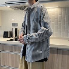港风休闲条纹长袖衬衫男潮流帅气A338-1C090P50货足，男装衬衫，电商D325