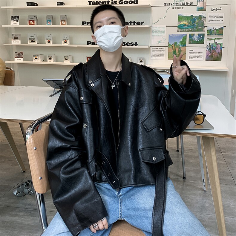 美式复古宽松机车皮衣外套男2024新款设计感小众夹克 W7788-P92图片