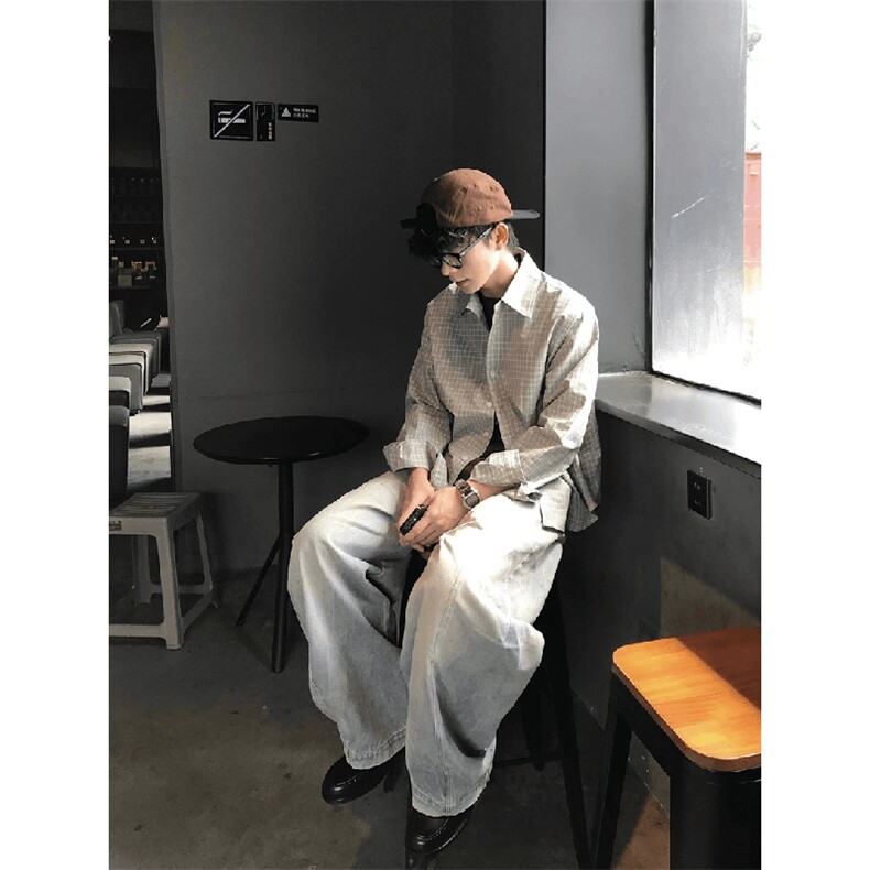 美式潮牌高街复古细格子日系肌理感长袖衬衫外套男女休闲宽松衬衣，男装衬衫，电商A443