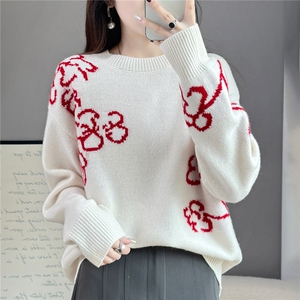 2025年秋季套头时尚百搭圆领花开富贵羊毛衫，女装羊毛衫，佰米娇羊绒