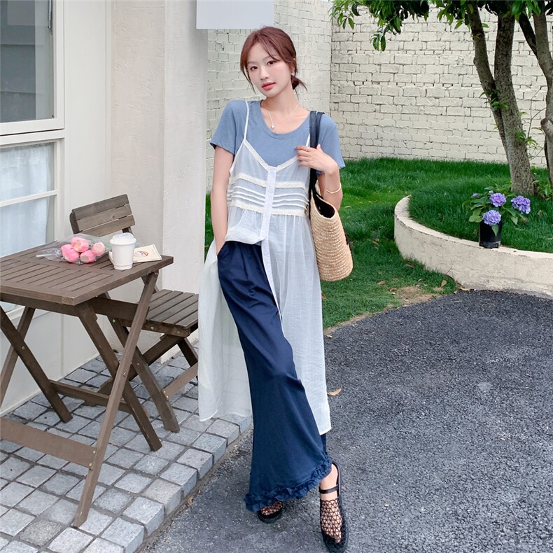 韩系氛围感蕾丝吊带连衣裙套装女2025夏新款清纯T恤阔腿裤三件套,女装套装/套裙,秋水欣儿