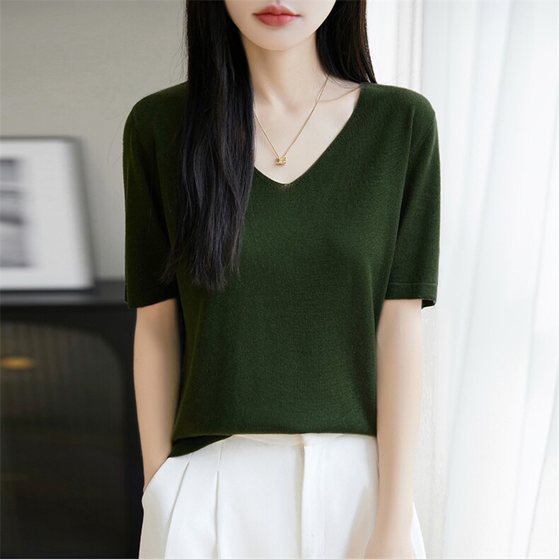 纯棉V领针织短袖T恤女2025夏透气宽松显瘦减龄正肩t恤打底衫上衣,针织衫/毛衣,朝思羊绒