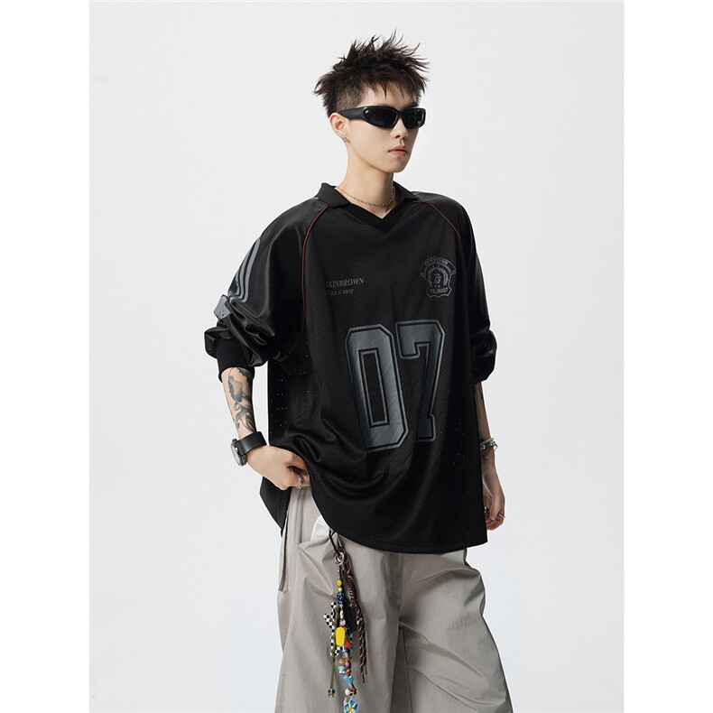美式翻领POLO衫大码M-5XL插肩拼接V领球衣长袖T恤T78096P48控78,男装T恤,星座227-7