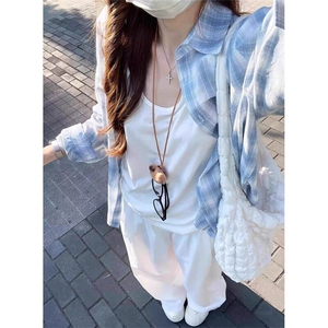 长袖衬衣外套蓝色格子衬衫女春秋慵懒风宽松休闲百搭上衣 CS364图片