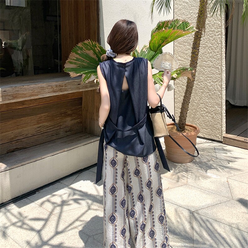 休闲牛仔背心碎花阔腿裤套装女夏2025新款又酷又飒穿搭两件套爆款,女装套装/套裙,2C022