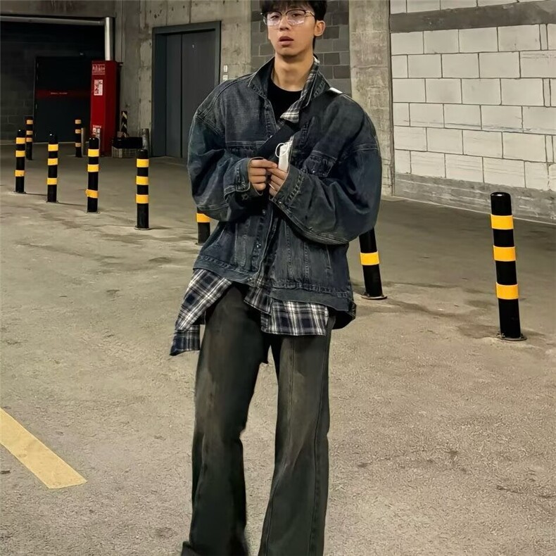 假两件拼接格子牛仔外套男款潮炸街工装牛仔衣痞帅夹克GA2563P82,男装工装外套,星座1013-5