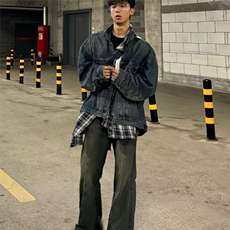假两件拼接格子牛仔外套男款潮炸街工装牛仔衣痞帅夹克GA2563P82，男装工装外套，星座1013-5