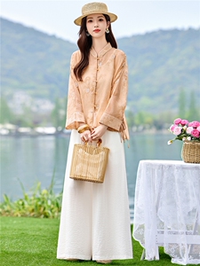 2026年夏季新中式重工刺绣衬衫防晒女宽松立领阔腿裤两件套图片