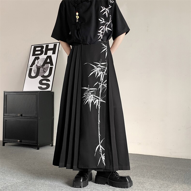 2025夏装新中式男女同款汉服印花黑色改良马面裙半身裙无性别裙裤,男装民族服装,星座909