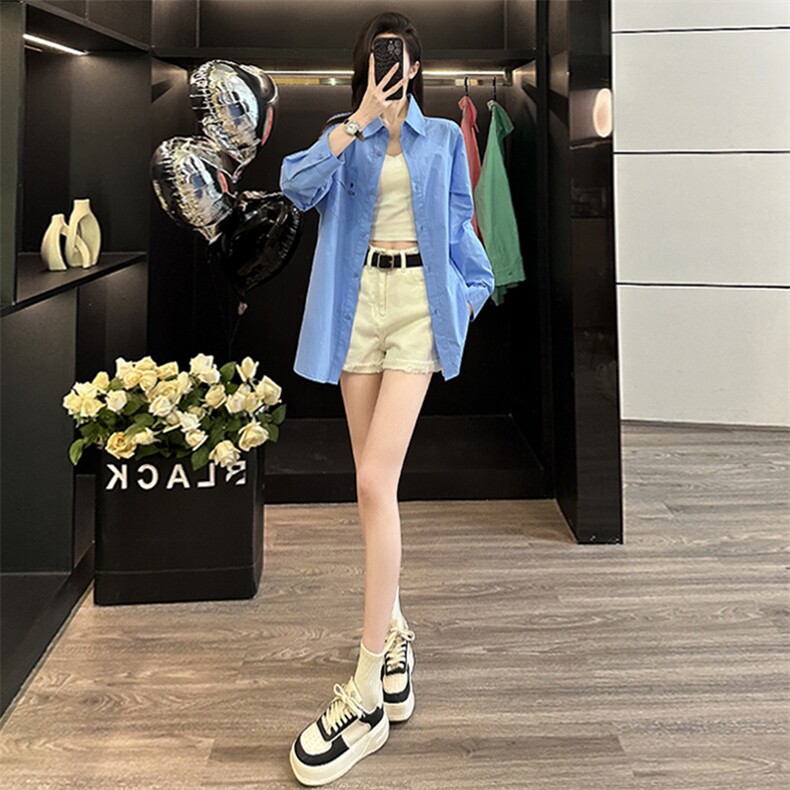 欧货时尚设计感女装春季新款单排扣翻领气质显瘦中长款纯色衬衣潮,女装衬衫,江南