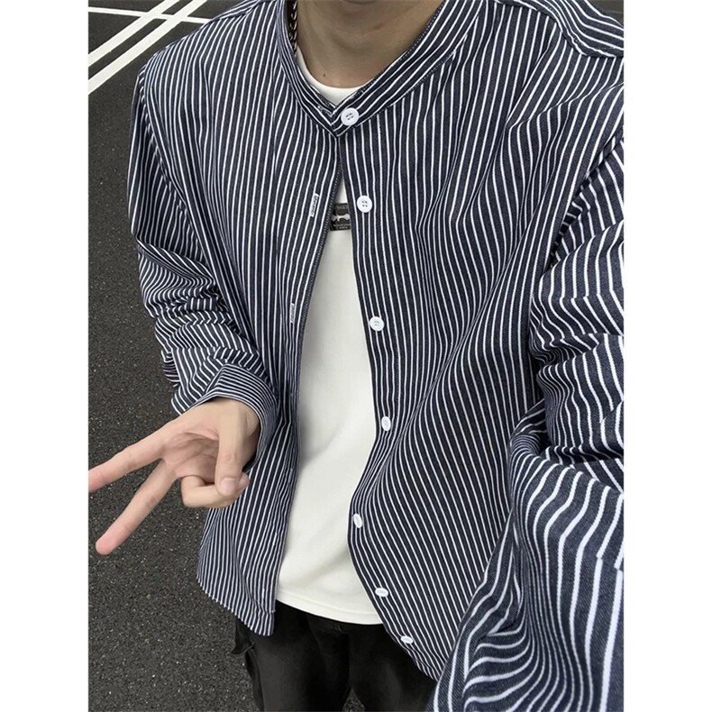 设计感条纹衬衣文艺范男宽松休闲港味立领衬衫外套C2270-特价P45图片