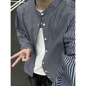 设计感条纹衬衣文艺范男宽松休闲港味立领衬衫外套C2270-特价P45图片