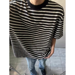 黑白条纹圆领短袖t恤男款夏韩版简约基础款休闲宽松百搭半袖上衣图片