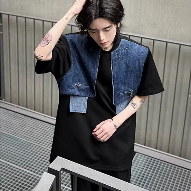 W9981-P45网图现货解构小众设计感短袖高级感牛仔拼接假两件T恤,男装T恤,星座1608-2