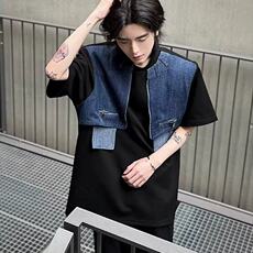 W9981-P45网图现货解构小众设计感短袖高级感牛仔拼接假两件T恤，男装T恤，星座1608-2