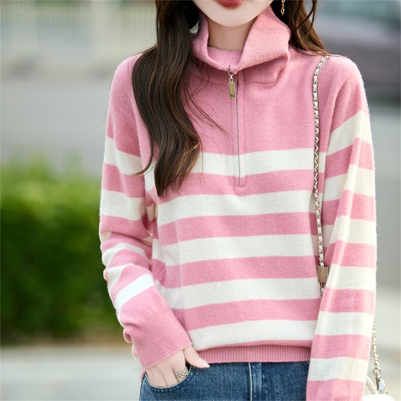 2025百搭时尚半开领条纹羊毛衫，女装羊毛衫，哲奥羊绒
