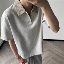 千鸟格拼接polo衫短袖男夏季老钱风复古正肩T恤cleanfit重磅半袖，男装T恤，星座715-4